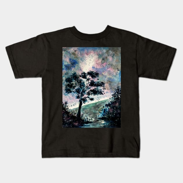 Colorful Night Sky above the Fields Kids T-Shirt by ZeichenbloQ